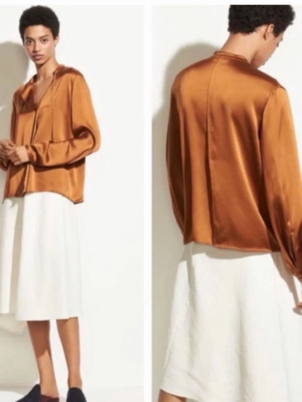 Vince Silk Tie-Neck Popover Blouse in Burnt Orange / Copper - Size L - Picture 3 of 6